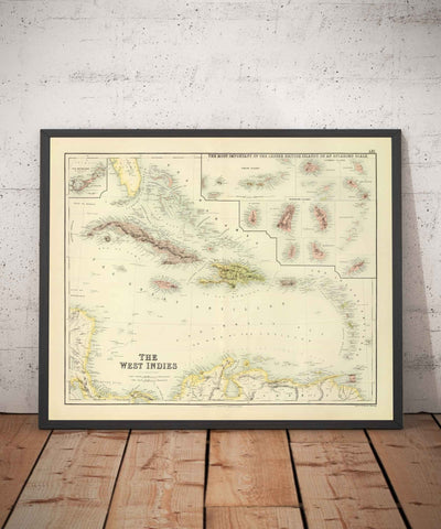 Mapa antiguo de las Indias Occidentales, 1872 por Fullarton - Bermudas, Cuba, Haití, Puerto Rico, Jamaica, Bahamas, Antillas, Mar Caribe Colonial