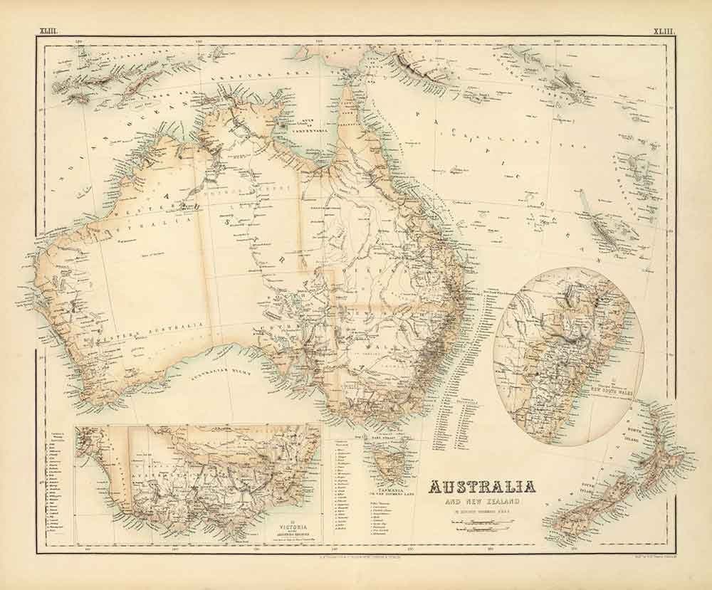 Ancienne carte d'Australie et de Nouvelle-Zélande, 1872 par Fullarton - Tasmanie, Terre de Van Diemens, Sydney, Auckland, Victoria, NSW