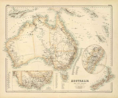 Ancienne carte d'Australie et de Nouvelle-Zélande, 1872 par Fullarton - Tasmanie, Terre de Van Diemens, Sydney, Auckland, Victoria, NSW