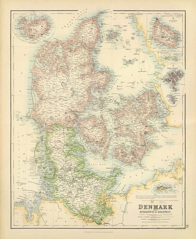Alte Karte von Dänemark & Schleswig-Holstein, 1872 von Fullarton - Island, Färöer-Inseln, Dänisches Königreich, Zeeland, Kopenhagen 