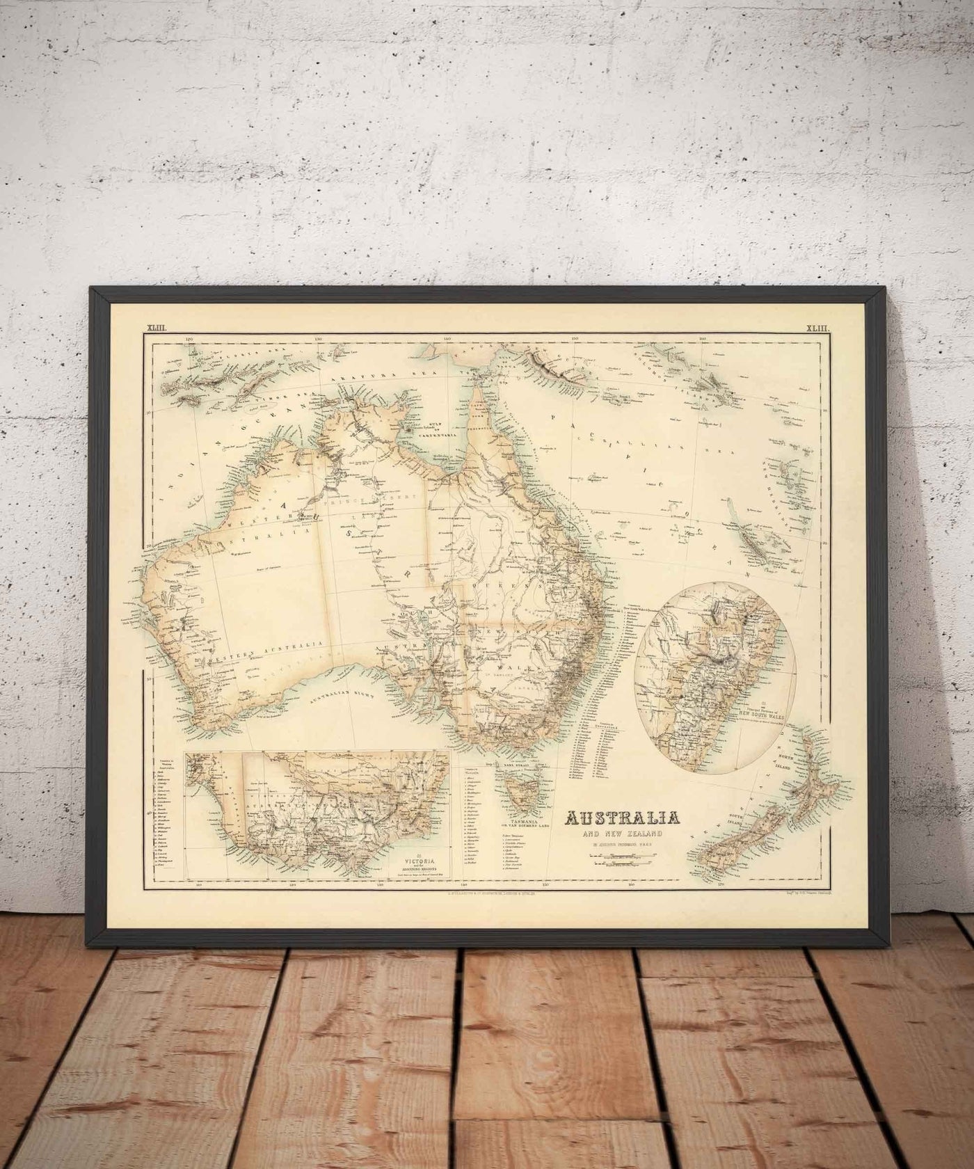 Ancienne carte d'Australie et de Nouvelle-Zélande, 1872 par Fullarton - Tasmanie, Terre de Van Diemens, Sydney, Auckland, Victoria, NSW