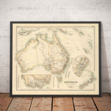 Mappa Antica dell'Australia e della Nuova Zelanda, 1872 di Fullarton - Tasmania, Terra di Van Diemen, Sydney, Auckland, Victoria, NSW 