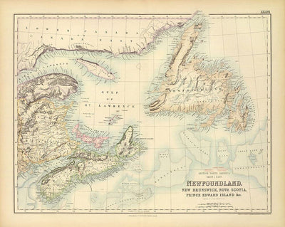 Ancienne carte de Terre-Neuve, Nouvelle-Écosse et Nouveau-Brunswick, 1872 par Fullarton - Canada, Amérique du Nord britannique coloniale