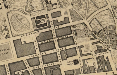 Alte Karte von London von John Rocque, 1746, B1 - Oxford Street, Tottenham Court Road, Fitzrovia, Soho & Cavendish Square 
