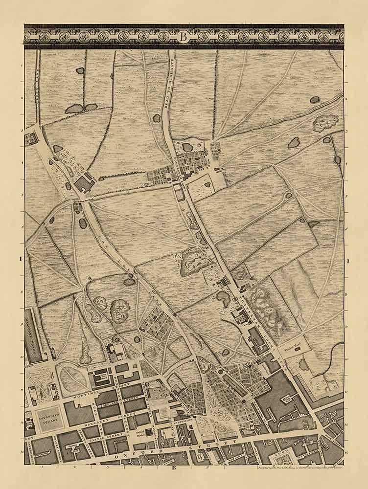 Alte Karte von London von John Rocque, 1746, B1 - Oxford Street, Tottenham Court Road, Fitzrovia, Soho & Cavendish Square 