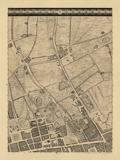 Alte Karte von London von John Rocque, 1746, B1 - Oxford Street, Tottenham Court Road, Fitzrovia, Soho & Cavendish Square 