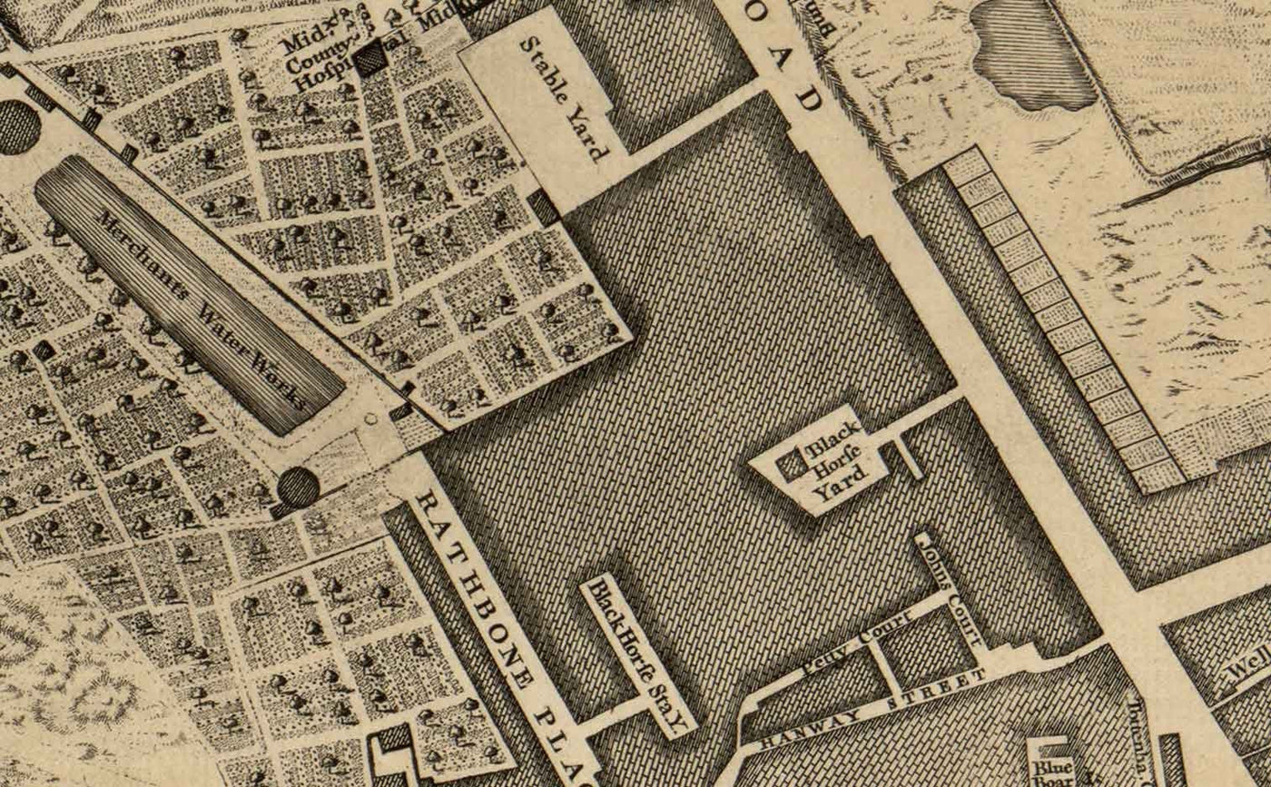 Alte Karte von London von John Rocque, 1746, B1 - Oxford Street, Tottenham Court Road, Fitzrovia, Soho & Cavendish Square 