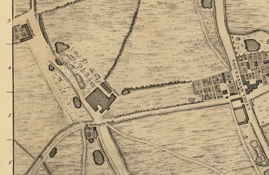 Carte ancienne de Londres par John Rocque, 1746, B1 - Oxford Street, Tottenham Court Road, Fitzrovia, Soho & Cavendish Square