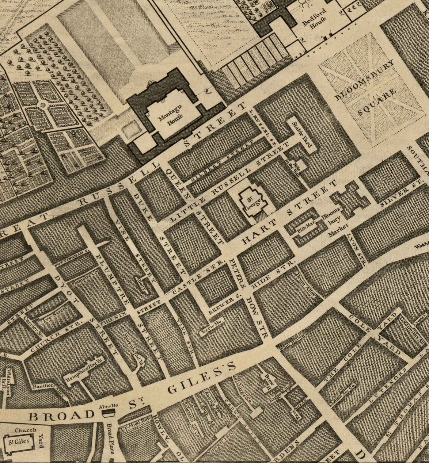 Ancienne carte de Londres par John Rocque, 1746, C1 - Holborn, Russell & Bloomsbury Square, Lincoln's et Gray's Inn, Camden