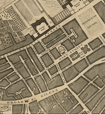 Ancienne carte de Londres par John Rocque, 1746, C1 - Holborn, Russell & Bloomsbury Square, Lincoln's et Gray's Inn, Camden