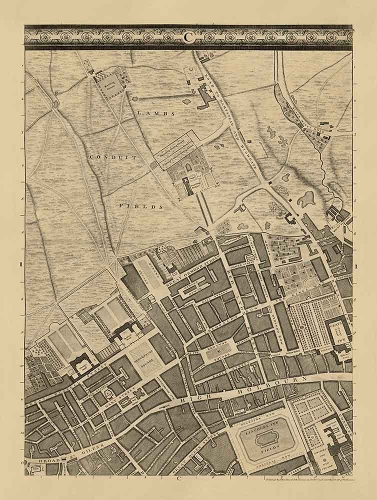 Ancienne carte de Londres par John Rocque, 1746, C1 - Holborn, Russell & Bloomsbury Square, Lincoln's et Gray's Inn, Camden