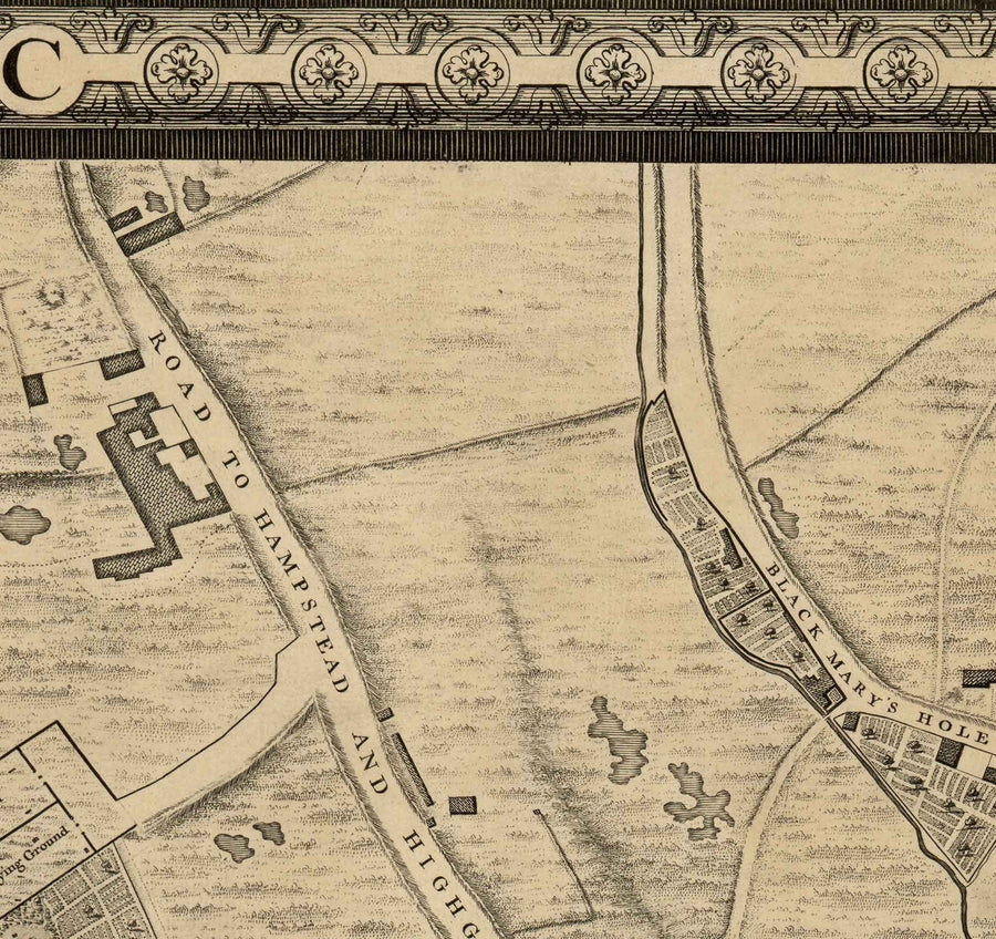 Mappa antica di Londra di John Rocque, 1746, C1 - Holborn, Russell e Bloomsbury Square, Lincoln&