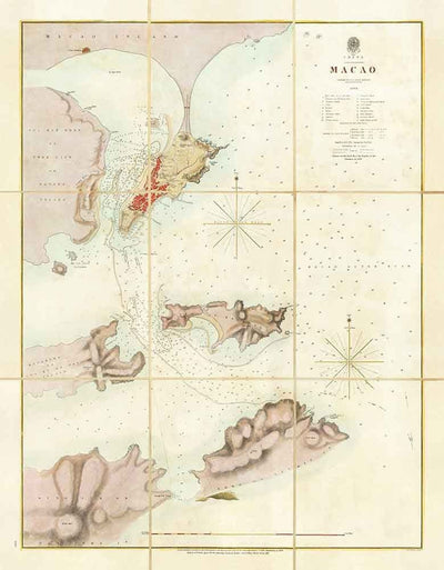 Antiguo mapa de Macao, 1840 - Carta marítima de la Macao portuguesa colonial, Taipa, Coloane, Hengqin, Guangdong