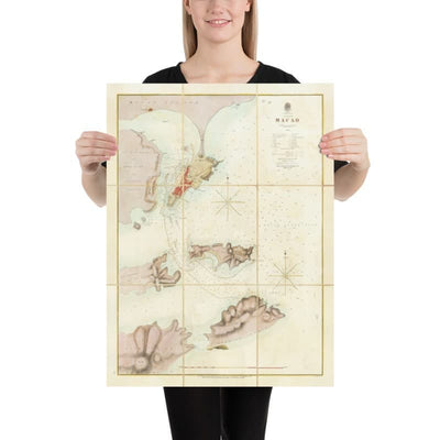 Antiguo mapa de Macao, 1840 - Carta marítima de la Macao portuguesa colonial, Taipa, Coloane, Hengqin, Guangdong