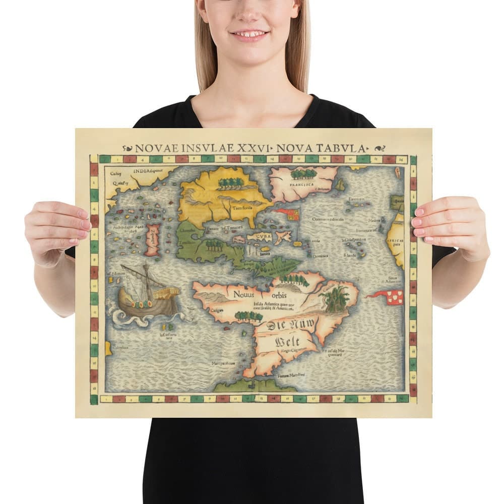 Old North & South America Map, 1544 by Munster - First Printed Atlas of the Americas - USA, Mexico, Pre-Colonisation