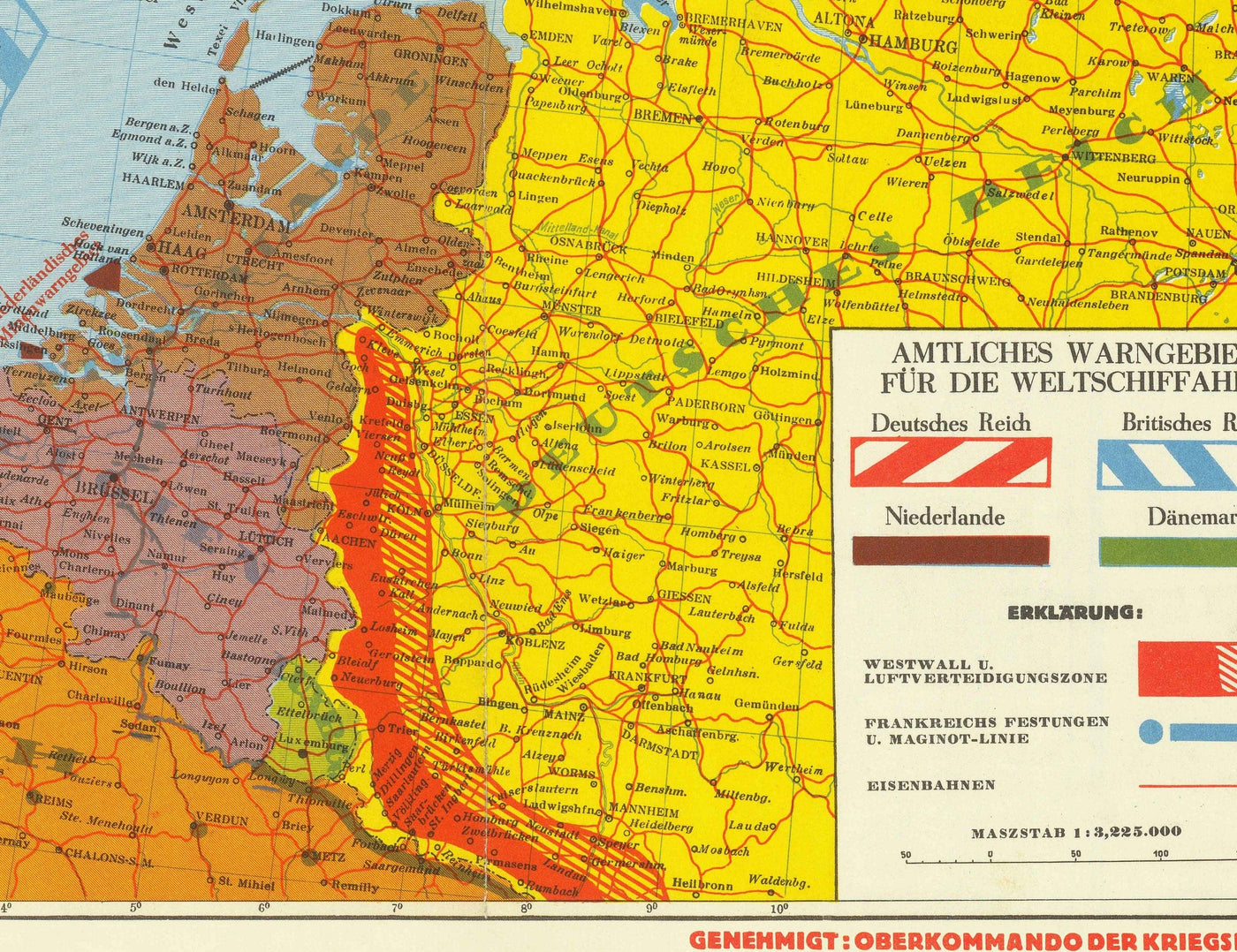 Deutsche Weltkrieg 2 Karte, 1940 - Alte WW2 Militärkarte der Nordsee - Britische Marine Schiffe, Minenfelder, Frontlinien 