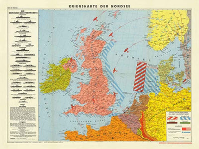 Deutsche Weltkrieg 2 Karte, 1940 - Alte WW2 Militärkarte der Nordsee - Britische Marine Schiffe, Minenfelder, Frontlinien 
