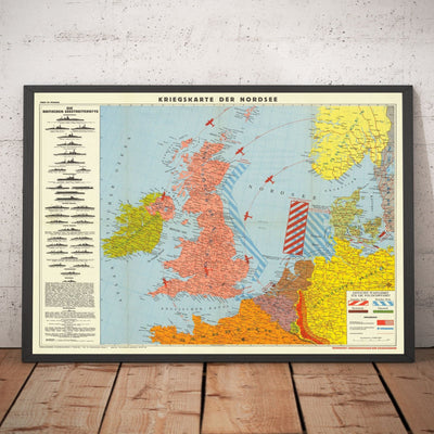 Deutsche Weltkrieg 2 Karte, 1940 - Alte WW2 Militärkarte der Nordsee - Britische Marine Schiffe, Minenfelder, Frontlinien 