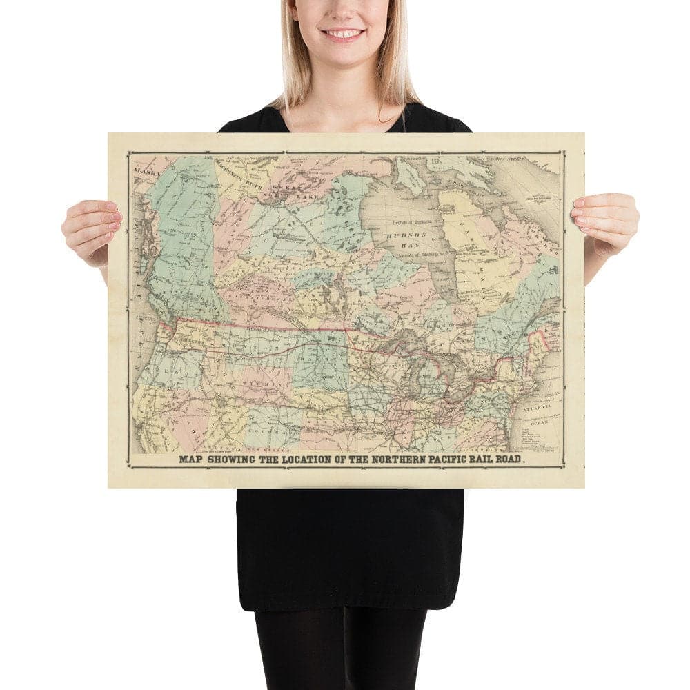 Mapa antiguo del Ferrocarril del Pacífico Norte, 1870 por Traubel - Ferrocarriles en Canadá y Estados Unidos - Grandes Lagos, Estados