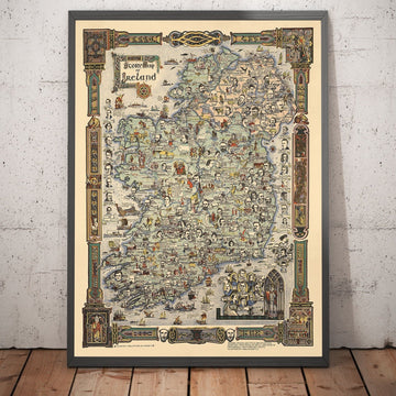 Geschichtenkarte von Irland, 1936 - Alte bildliche Darstellung von Eire - Historische Figuren, Dublin, Cork, Belfast, Bernard Shaw 