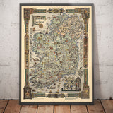 Mappa della storia dell'Irlanda, 1936 - Antico grafico illustrato di Eire - Figure storiche, Dublino, Cork, Belfast, Bernard Shaw 