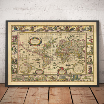 Carte du monde ancienne, 1635 par Willem Blaeu - Œuvre maîtresse rare Atlas - Sept merveilles, îles mythiques, dieux romains, monstres marins ! 