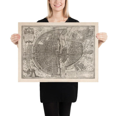 Old Monochrome Map of Paris, 1572 by Braun - Notre Dame, Sainte Chapelle, Bastille, Seine, Cathedral, City Walls