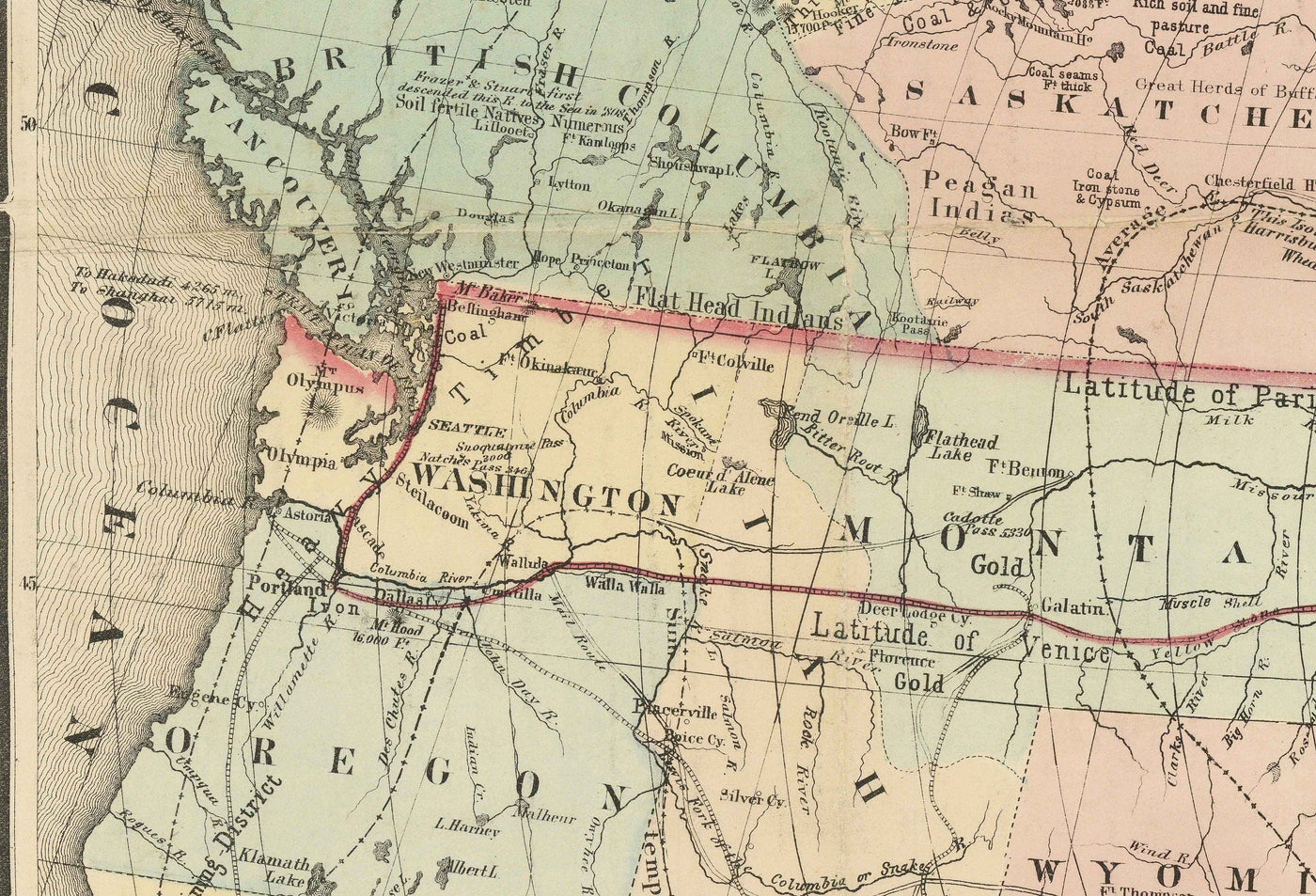 Mapa antiguo del Ferrocarril del Pacífico Norte, 1870 por Traubel - Ferrocarriles en Canadá y Estados Unidos - Grandes Lagos, Estados