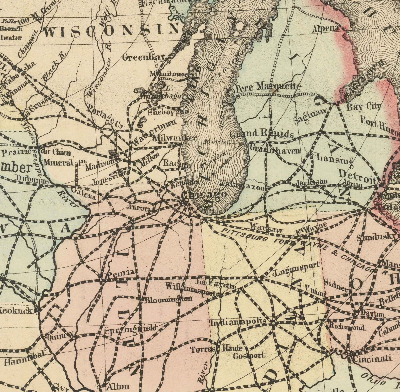 Mapa antiguo del Ferrocarril del Pacífico Norte, 1870 por Traubel - Ferrocarriles en Canadá y Estados Unidos - Grandes Lagos, Estados