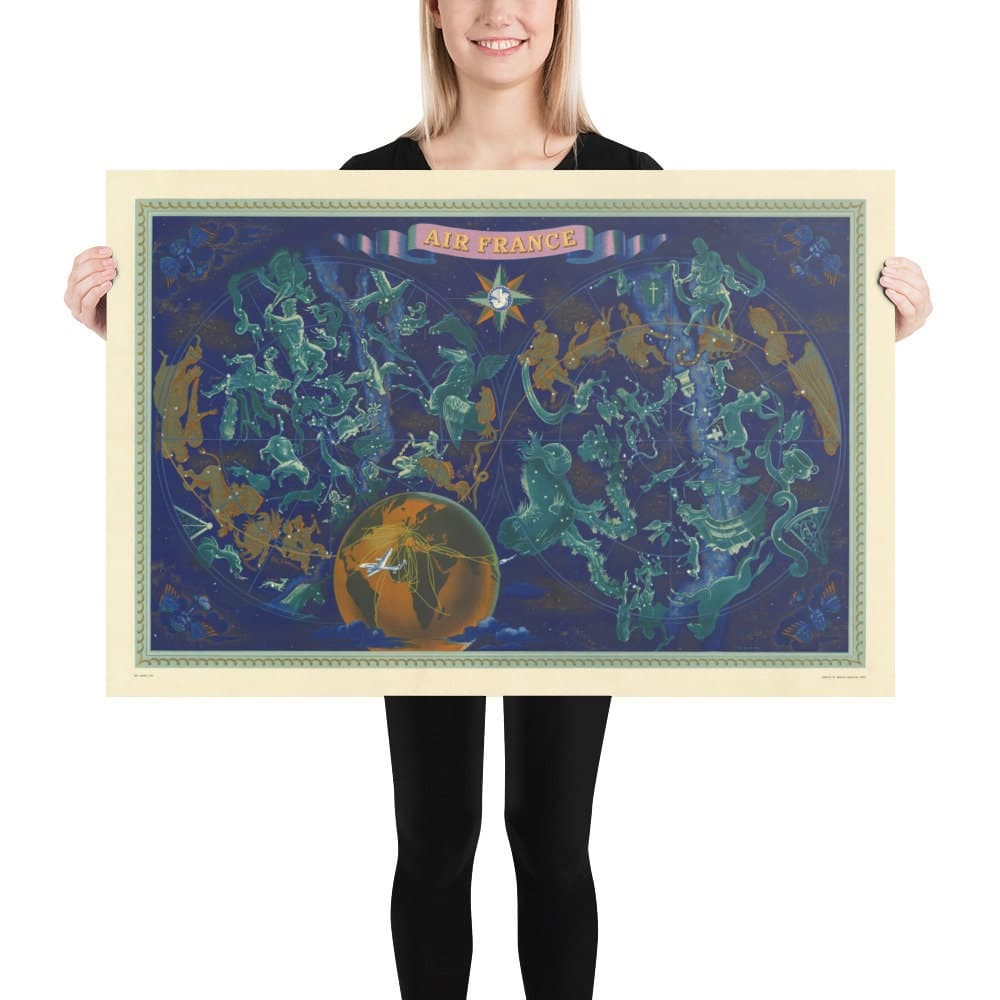 Old Air France Celestial & Zodiac World Map, 1959 by Bucher - Historical Airplane Route Chart, Constellations