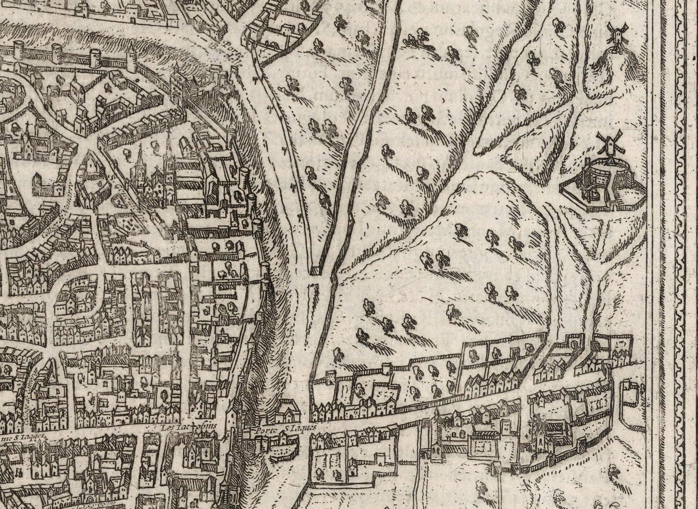 Old Monochrome Map of Paris, 1572 by Braun - Notre Dame, Sainte Chapelle, Bastille, Seine, Cathedral, City Walls