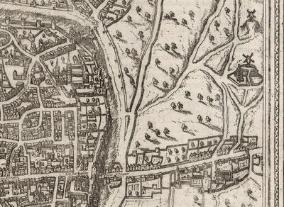 Old Monochrome Map of Paris, 1572 by Braun - Notre Dame, Sainte Chapelle, Bastille, Seine, Cathedral, City Walls