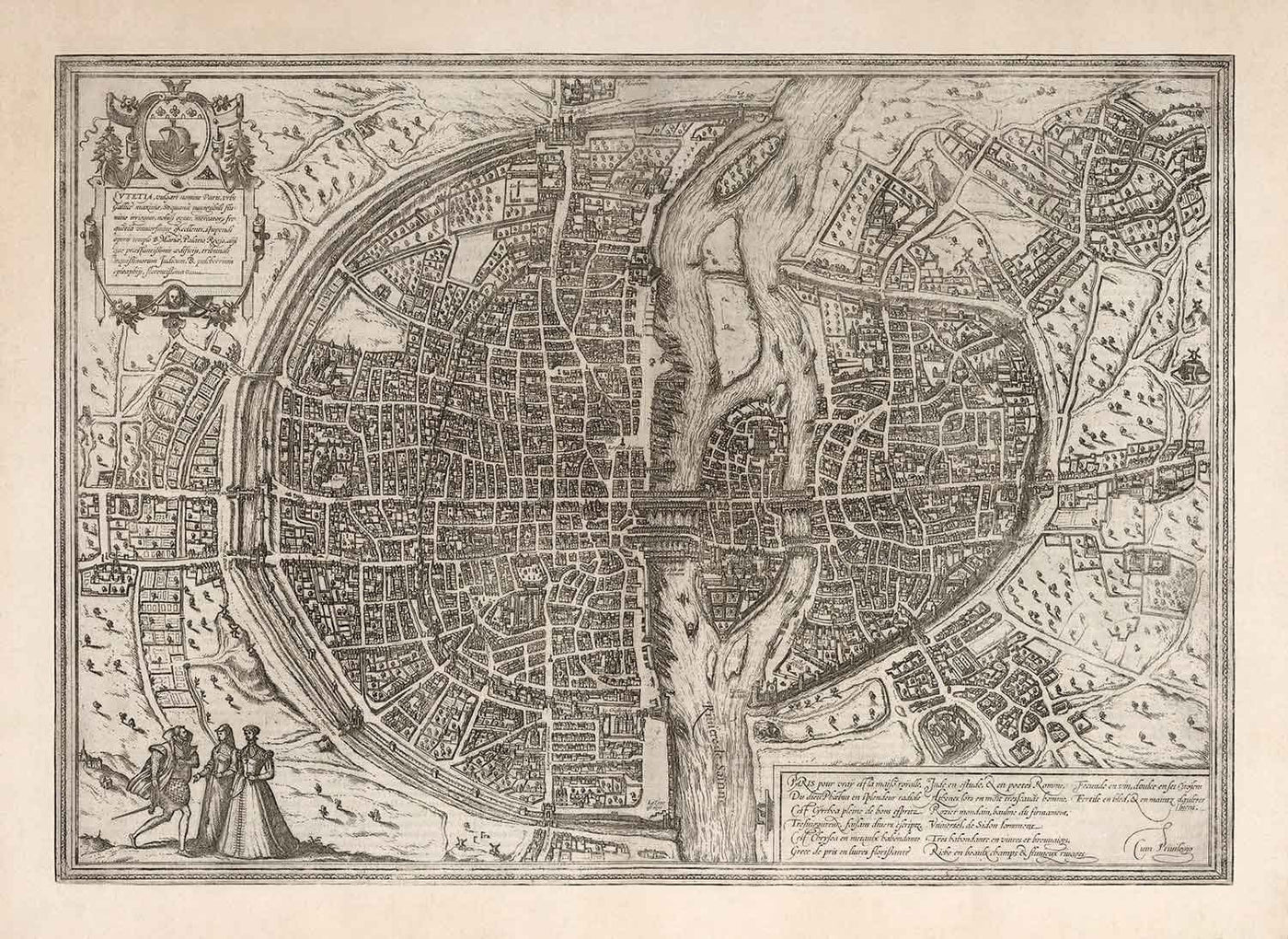 Old Monochrome Map of Paris, 1572 by Braun - Notre Dame, Sainte Chapelle, Bastille, Seine, Cathedral, City Walls