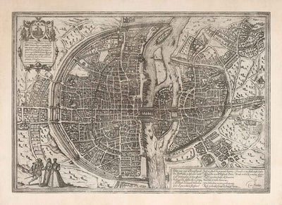 Old Monochrome Map of Paris, 1572 by Braun - Notre Dame, Sainte Chapelle, Bastille, Seine, Cathedral, City Walls