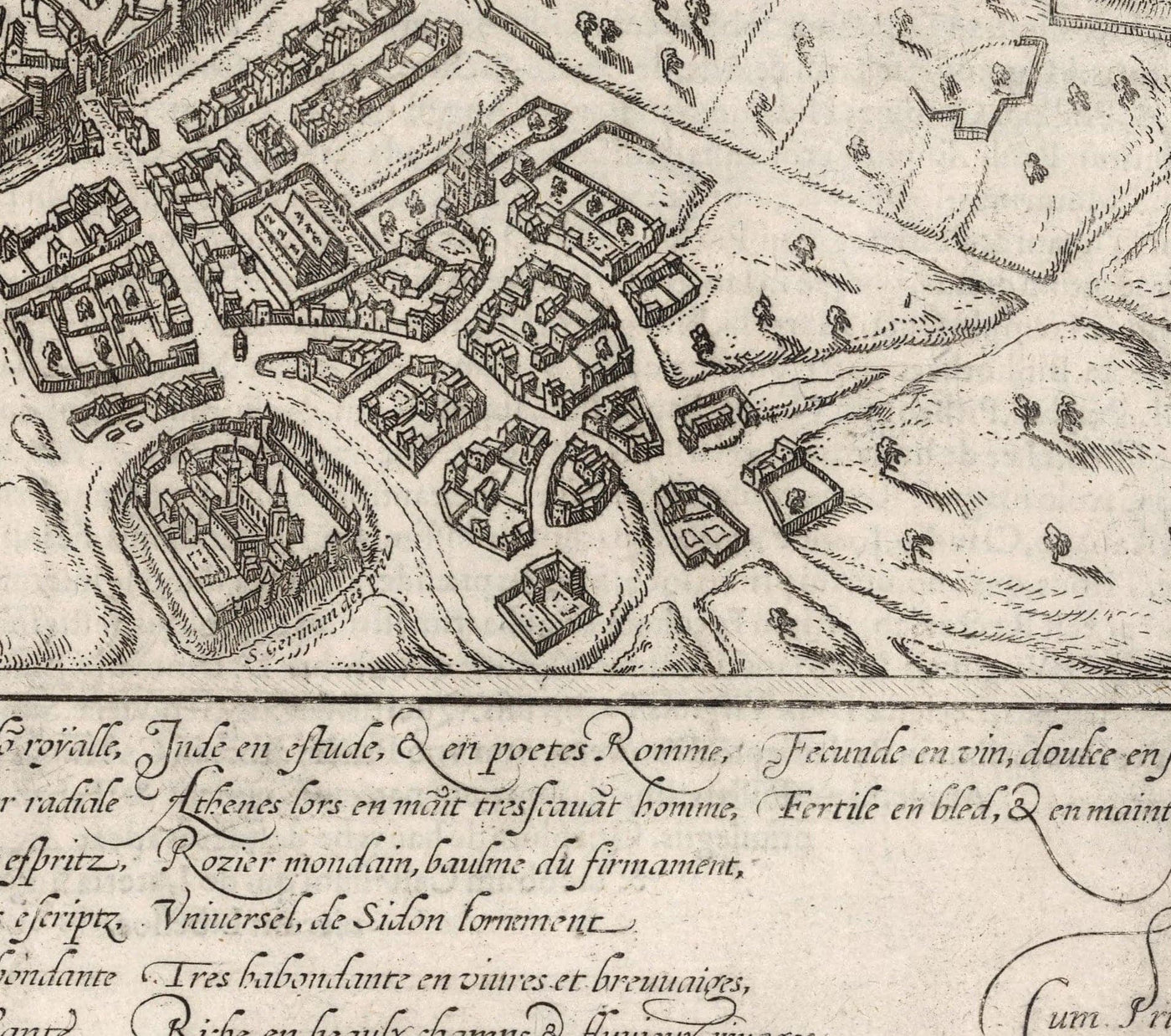 Old Monochrome Map of Paris, 1572 by Braun - Notre Dame, Sainte Chapelle, Bastille, Seine, Cathedral, City Walls