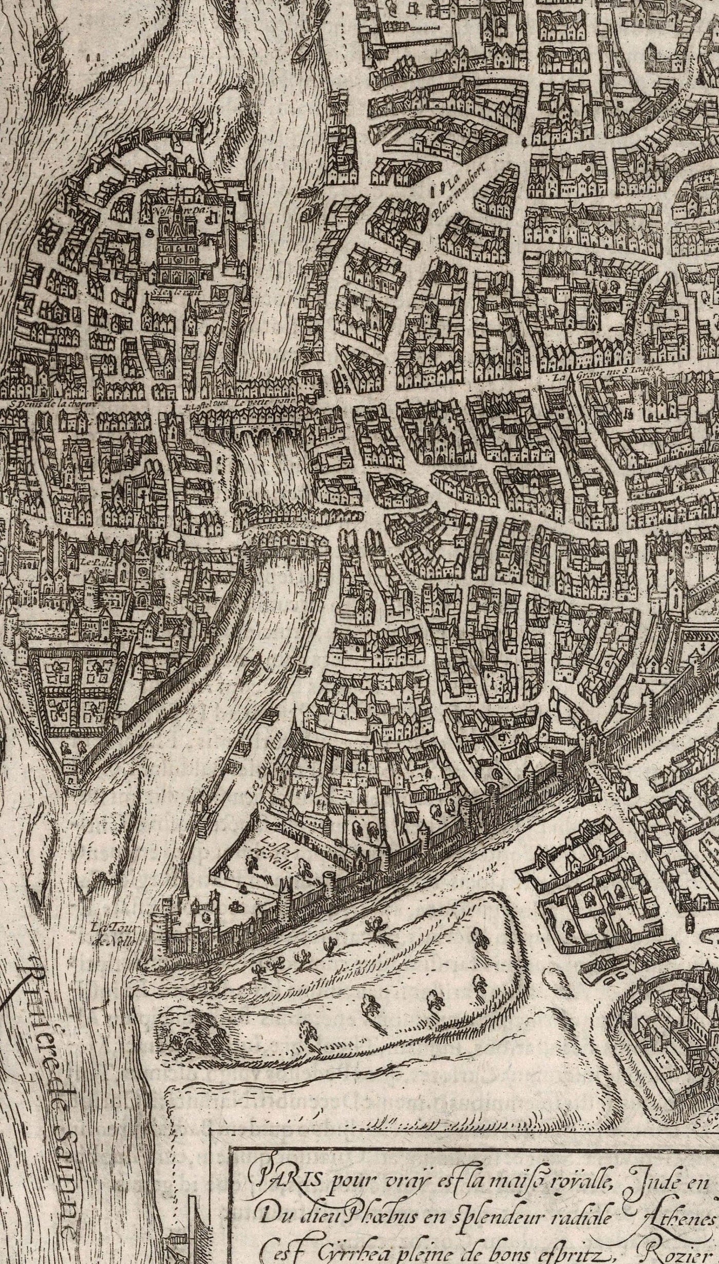 Old Monochrome Map of Paris, 1572 by Braun - Notre Dame, Sainte Chapelle, Bastille, Seine, Cathedral, City Walls