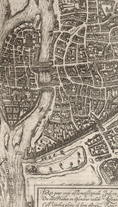 Old Monochrome Map of Paris, 1572 by Braun - Notre Dame, Sainte Chapelle, Bastille, Seine, Cathedral, City Walls
