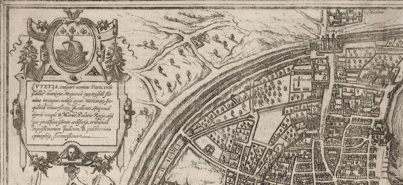 Old Monochrome Map of Paris, 1572 by Braun - Notre Dame, Sainte Chapelle, Bastille, Seine, Cathedral, City Walls
