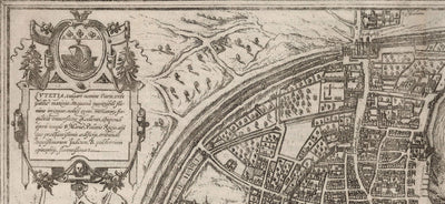 Old Monochrome Map of Paris, 1572 by Braun - Notre Dame, Sainte Chapelle, Bastille, Seine, Cathedral, City Walls