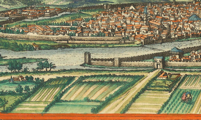 Mapa antiguo de Florencia y Génova, 1572 por Braun - Duomo, Palazzo Vecchio, Río Arno, San Lorenzo, Catedrales, Fortalezas