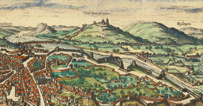 Mapa antiguo de Florencia y Génova, 1572 por Braun - Duomo, Palazzo Vecchio, Río Arno, San Lorenzo, Catedrales, Fortalezas