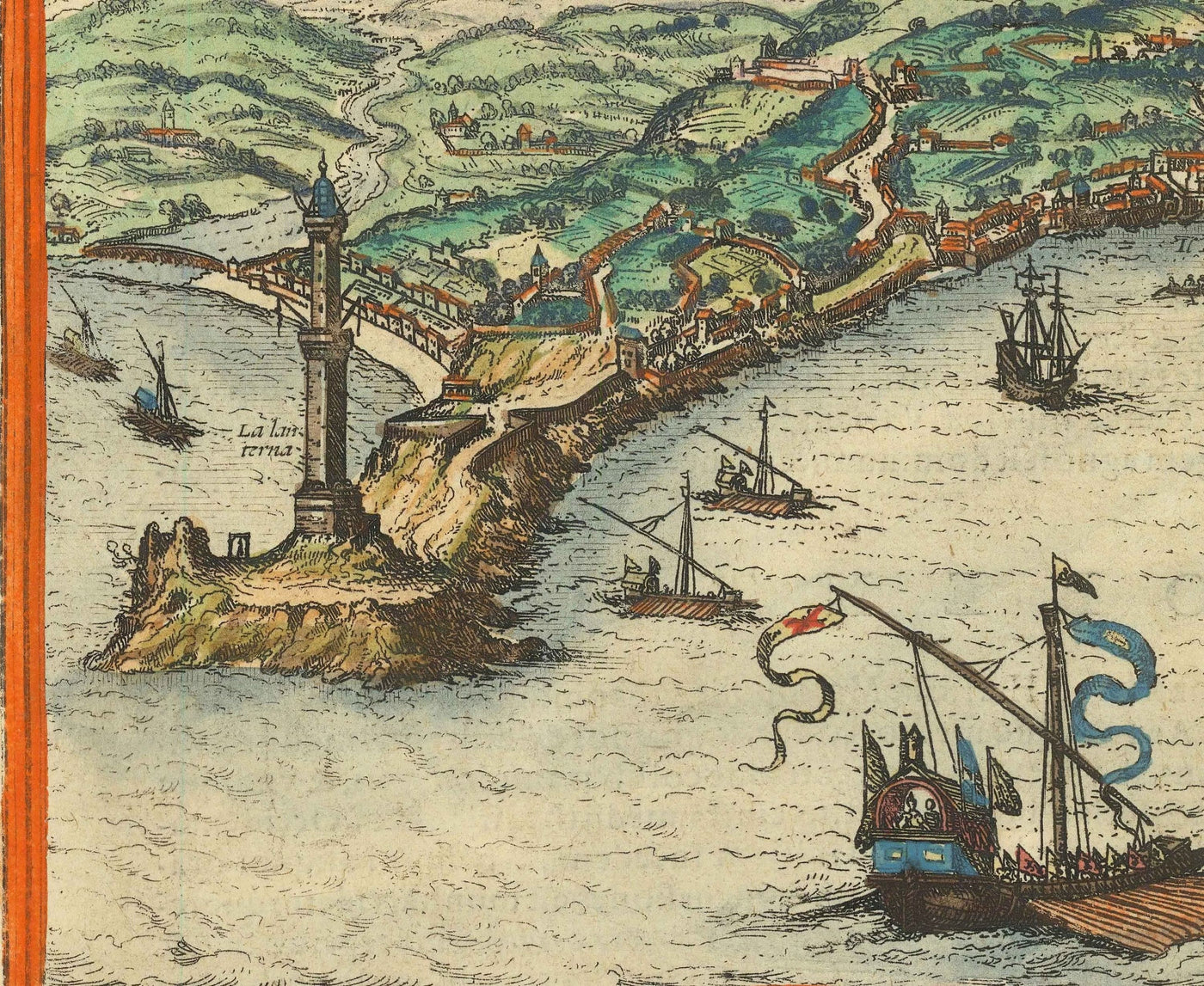 Mapa antiguo de Florencia y Génova, 1572 por Braun - Duomo, Palazzo Vecchio, Río Arno, San Lorenzo, Catedrales, Fortalezas