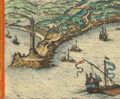 Mapa antiguo de Florencia y Génova, 1572 por Braun - Duomo, Palazzo Vecchio, Río Arno, San Lorenzo, Catedrales, Fortalezas