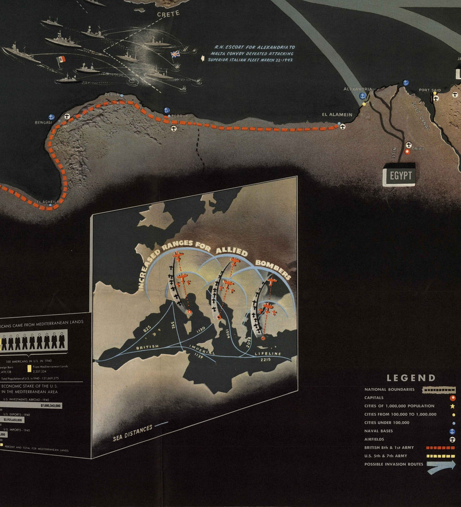 Old World War 2 Map: Mediterranean, 1944 - NavWarMap No.1 - South Europe & North Africa - Italy, Spain, France