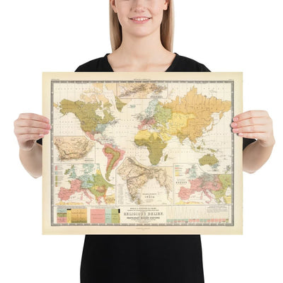 Antiguo mapa mundial de las religiones, 1854 - Creencias religiosas en el siglo XIX - Budistas, protestantes, católicos, musulmanes, judíos, paganos