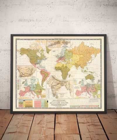 Antiguo mapa mundial de las religiones, 1854 - Creencias religiosas en el siglo XIX - Budistas, protestantes, católicos, musulmanes, judíos, paganos