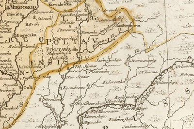 Mapa antiguo de Ucrania, 1770 - Gobierno de Kiev, Imperio Ruso - Kremenchuk, Poltava, Cherkasy, Chernihiv, Ciudades, Guerra