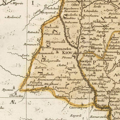 Mapa antiguo de Ucrania, 1770 - Gobierno de Kiev, Imperio Ruso - Kremenchuk, Poltava, Cherkasy, Chernihiv, Ciudades, Guerra