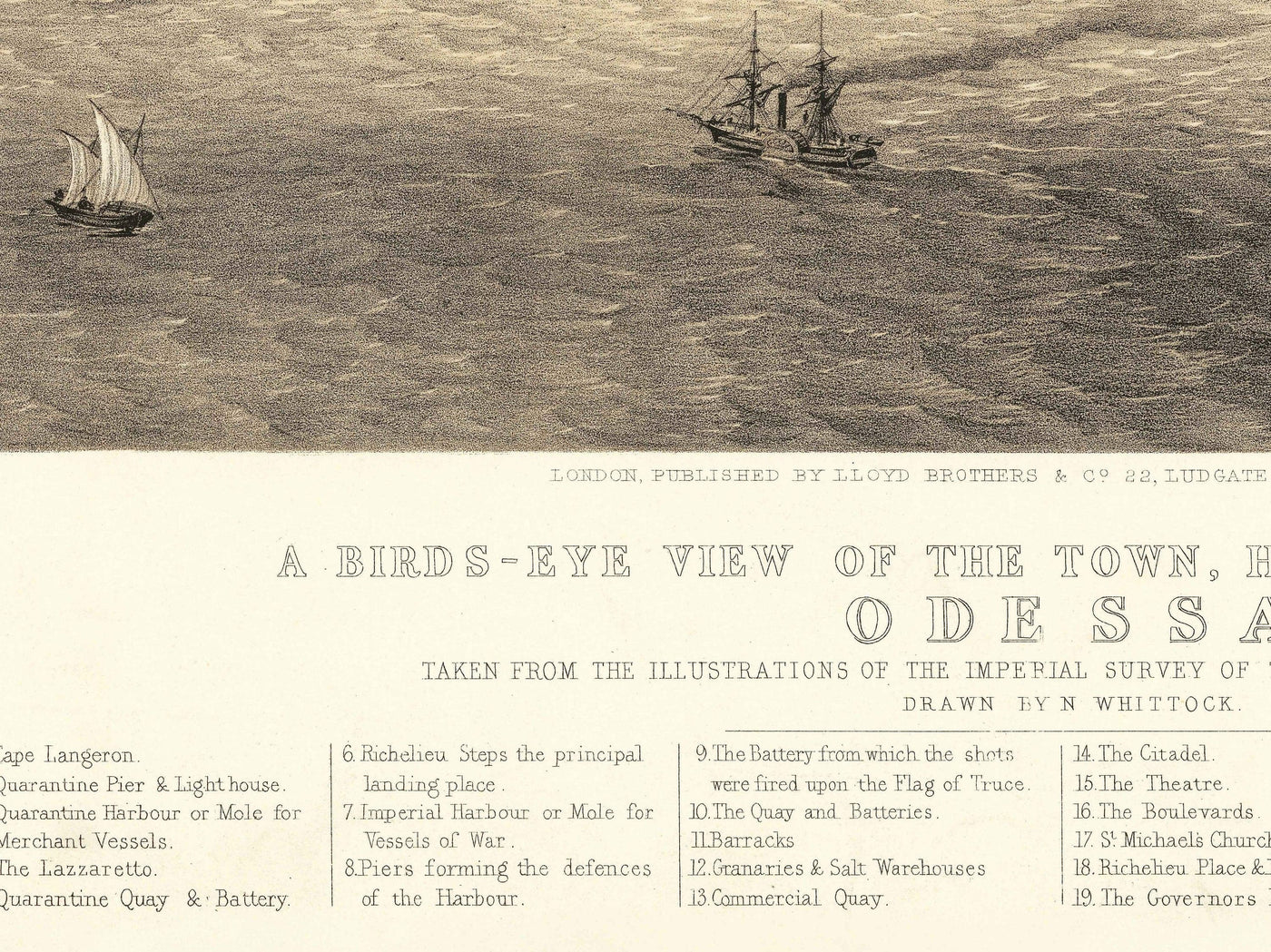 Old Map of Odessa, Ukraine, 1855 - Black Sea Harbour Town - Forts, Citadel, Centre-ville - illustration des oiseaux d'oiseaux