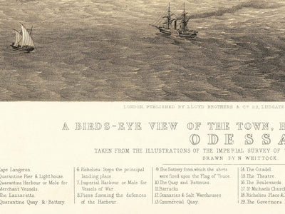 Old Map of Odessa, Ukraine, 1855 - Black Sea Harbour Town - Forts, Citadel, Centre-ville - illustration des oiseaux d'oiseaux